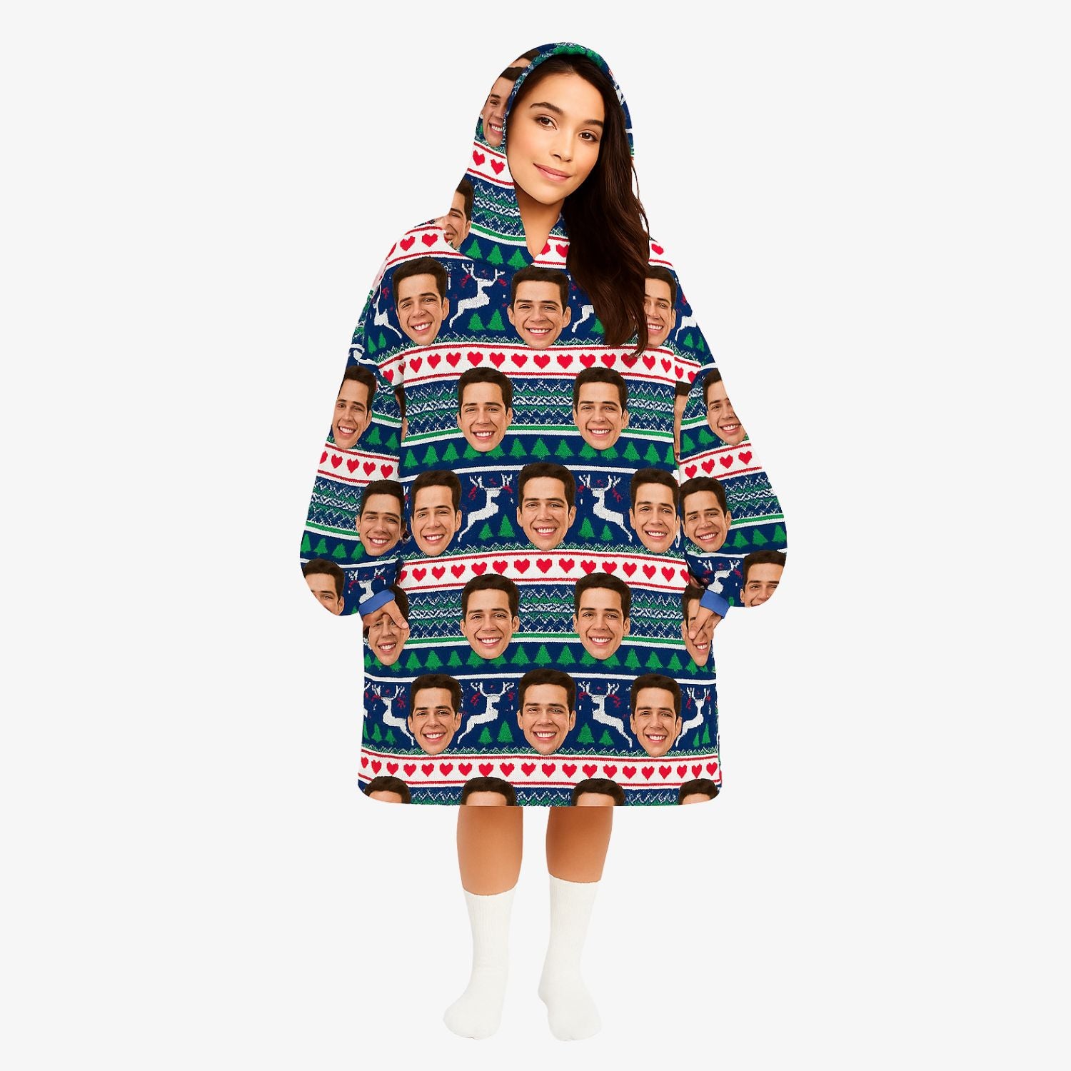 Nordic Reindeer Face Pattern Custom Hoodie Blanket