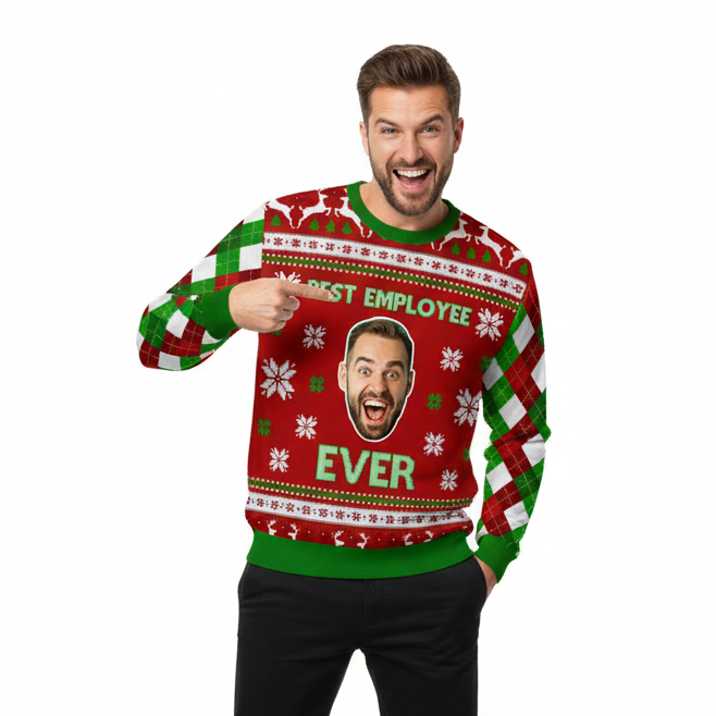 Man wearing a festive sweater with 'Best Employee Ever' text and face print on a white background