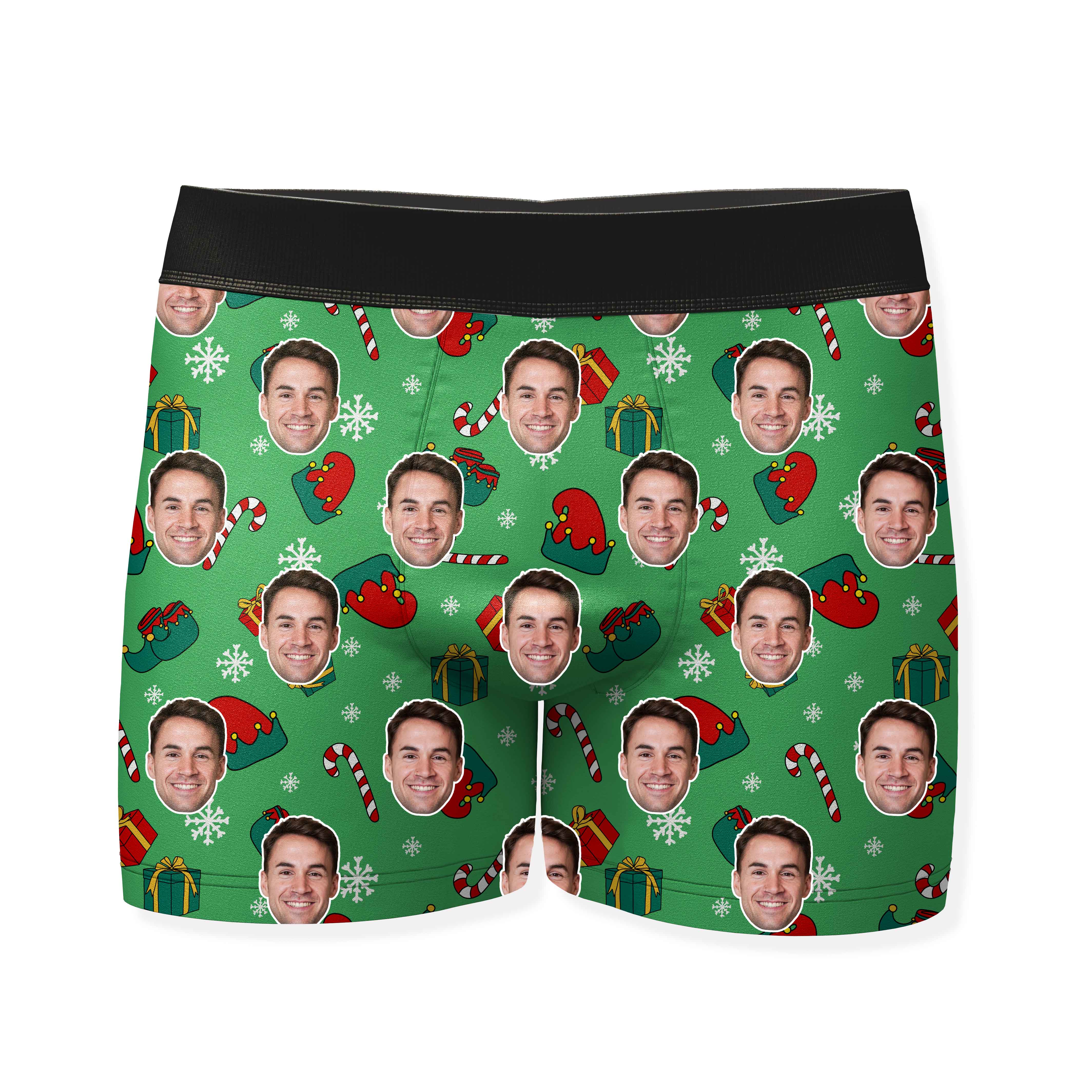 Elf Face Pattern Personalised Christmas Boxers