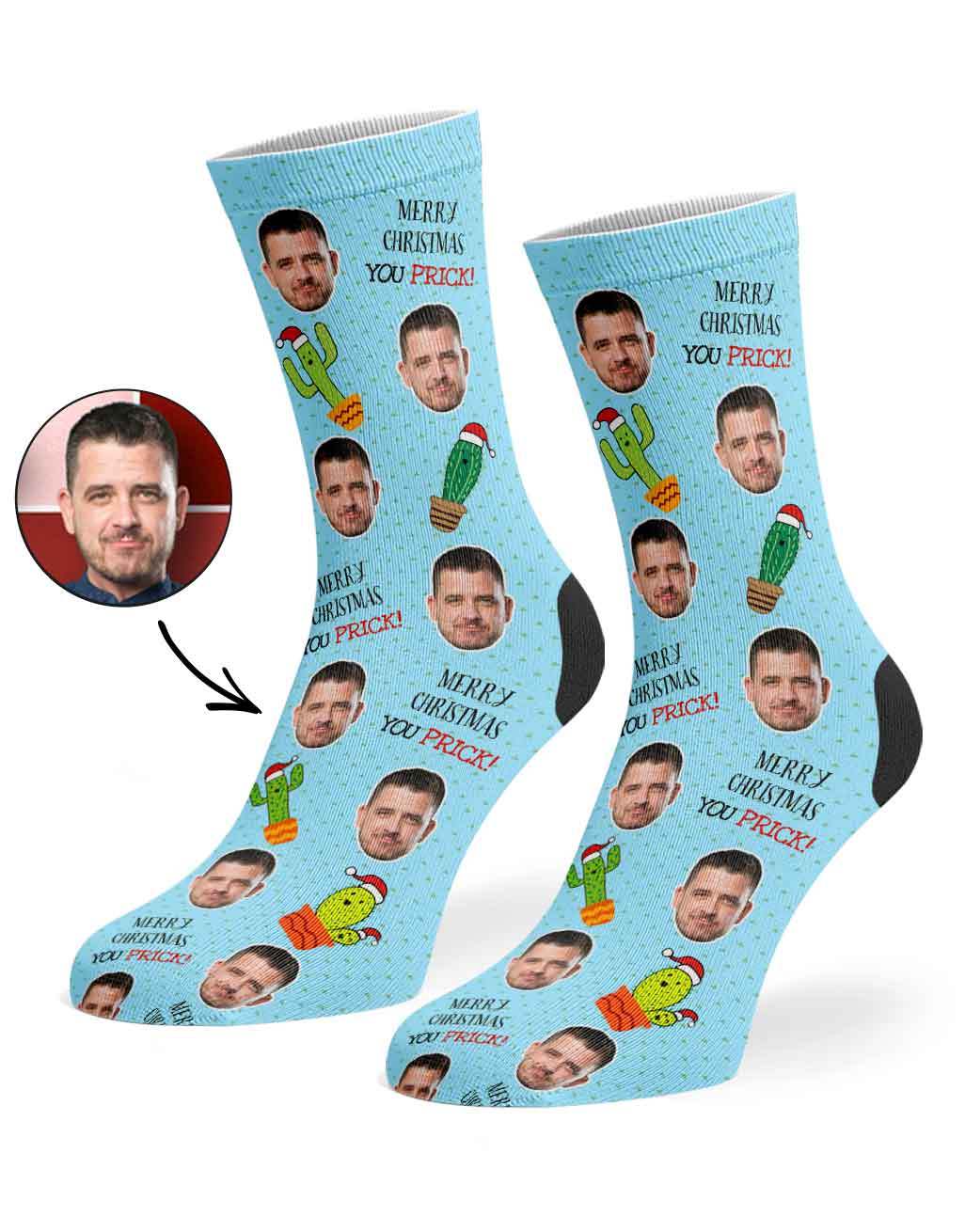 Custom socks with a face printed design on a light blue background
