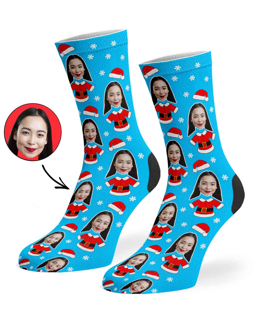 Blue socks with Santa Claus pattern and a face print on a white background