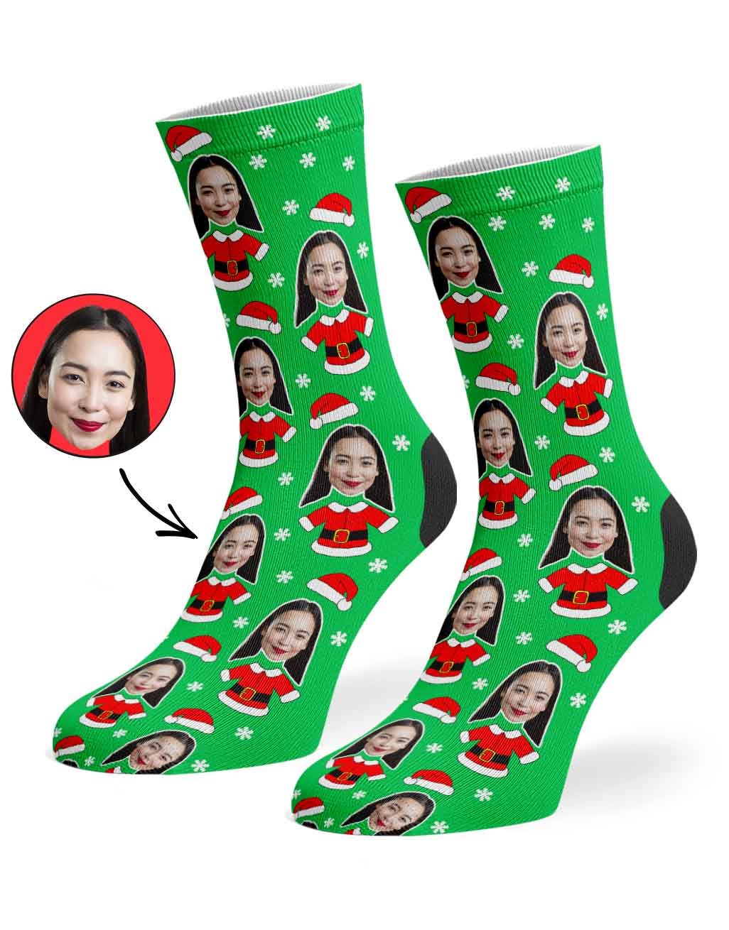 Green Christmas-themed socks with a face printed on a white background