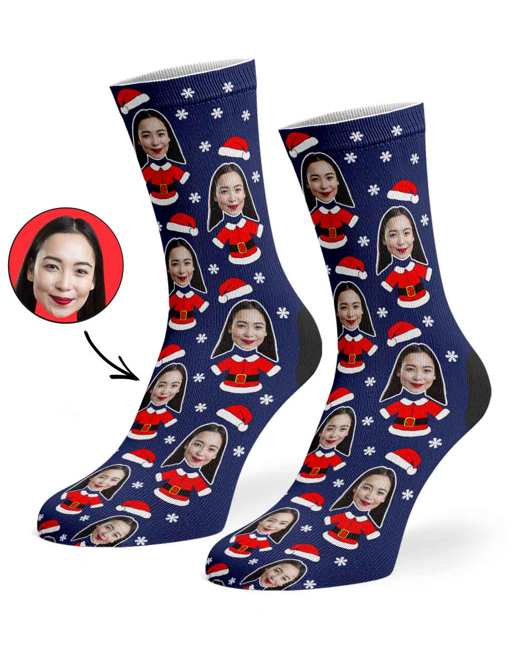 Customized Christmas-themed socks with a face printed on a blue background