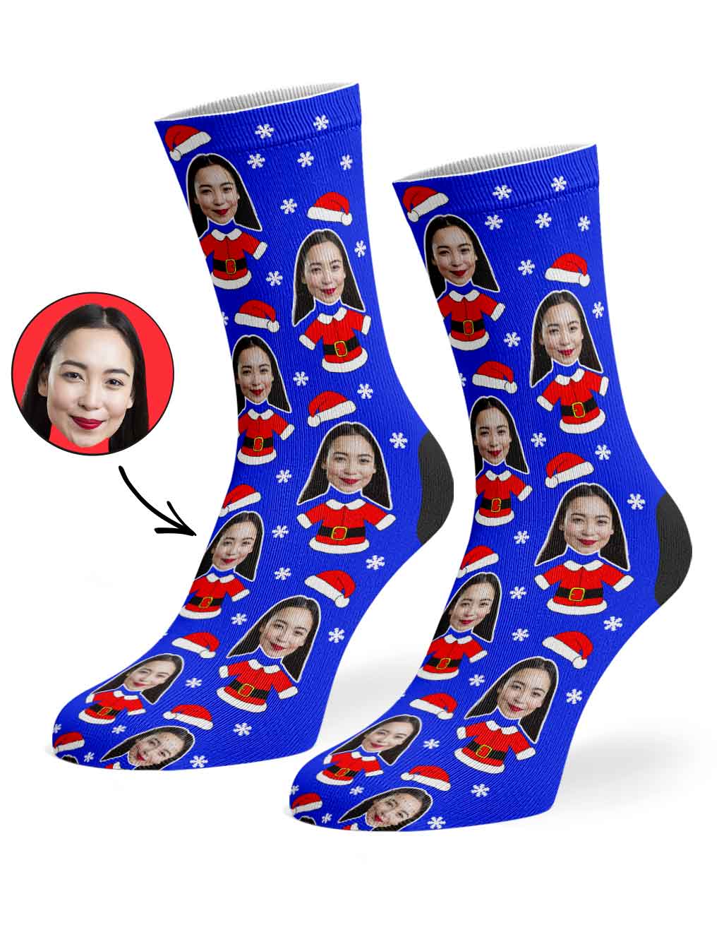 Blue socks with red and white accents featuring a pattern of a person's face, on a white background.