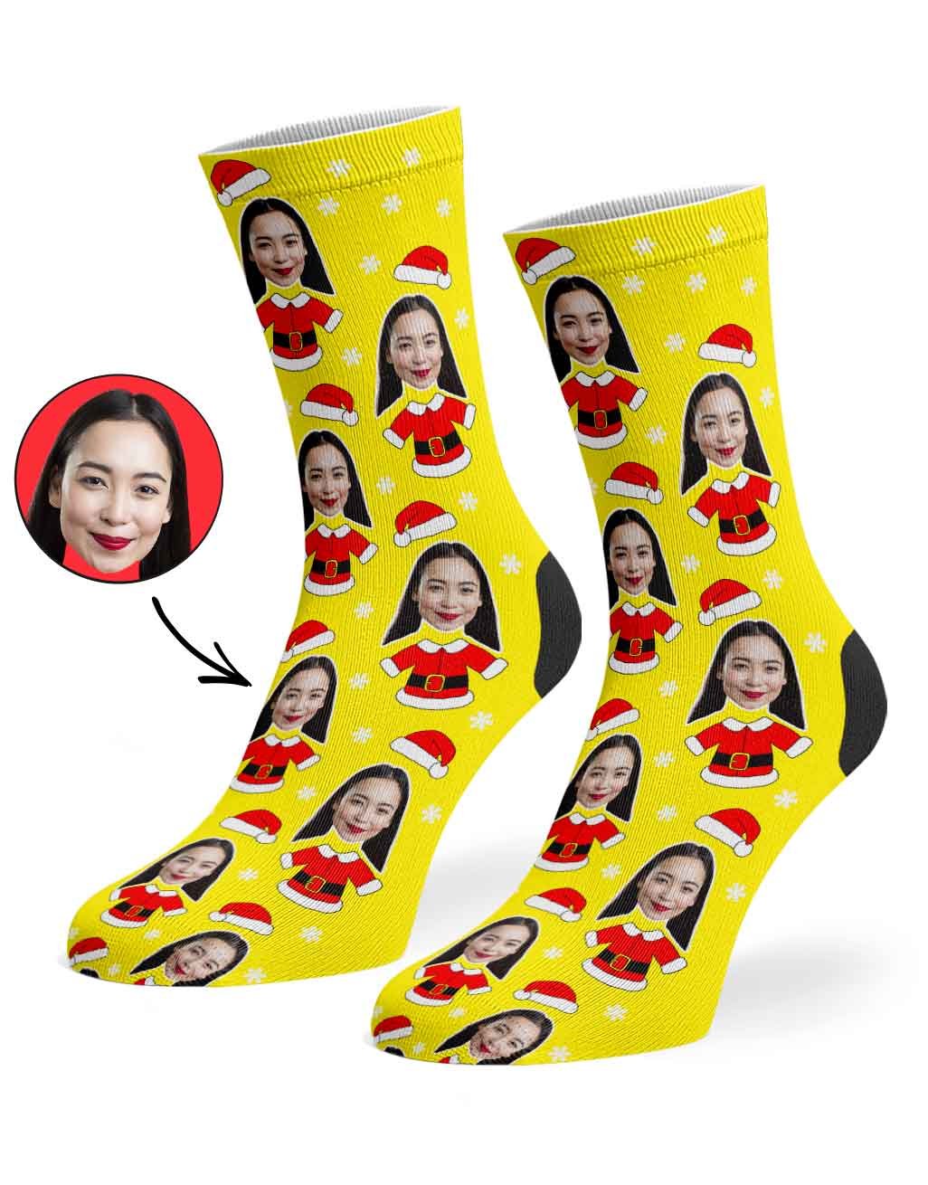 Yellow socks with a pattern of a person's face and Santa Claus outfit on a white background.