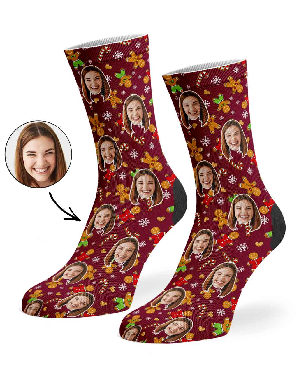 Gingerbread Face Pattern Personalised Christmas Socks