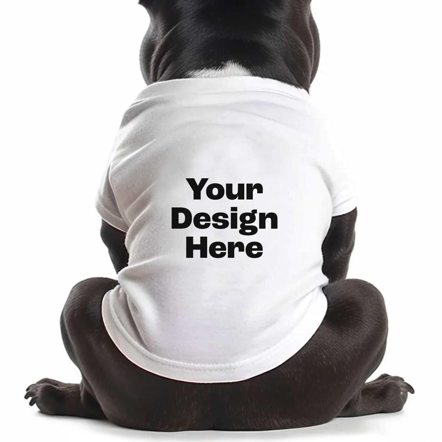 White dog shirt with 'Your Design Here' text on a white background
