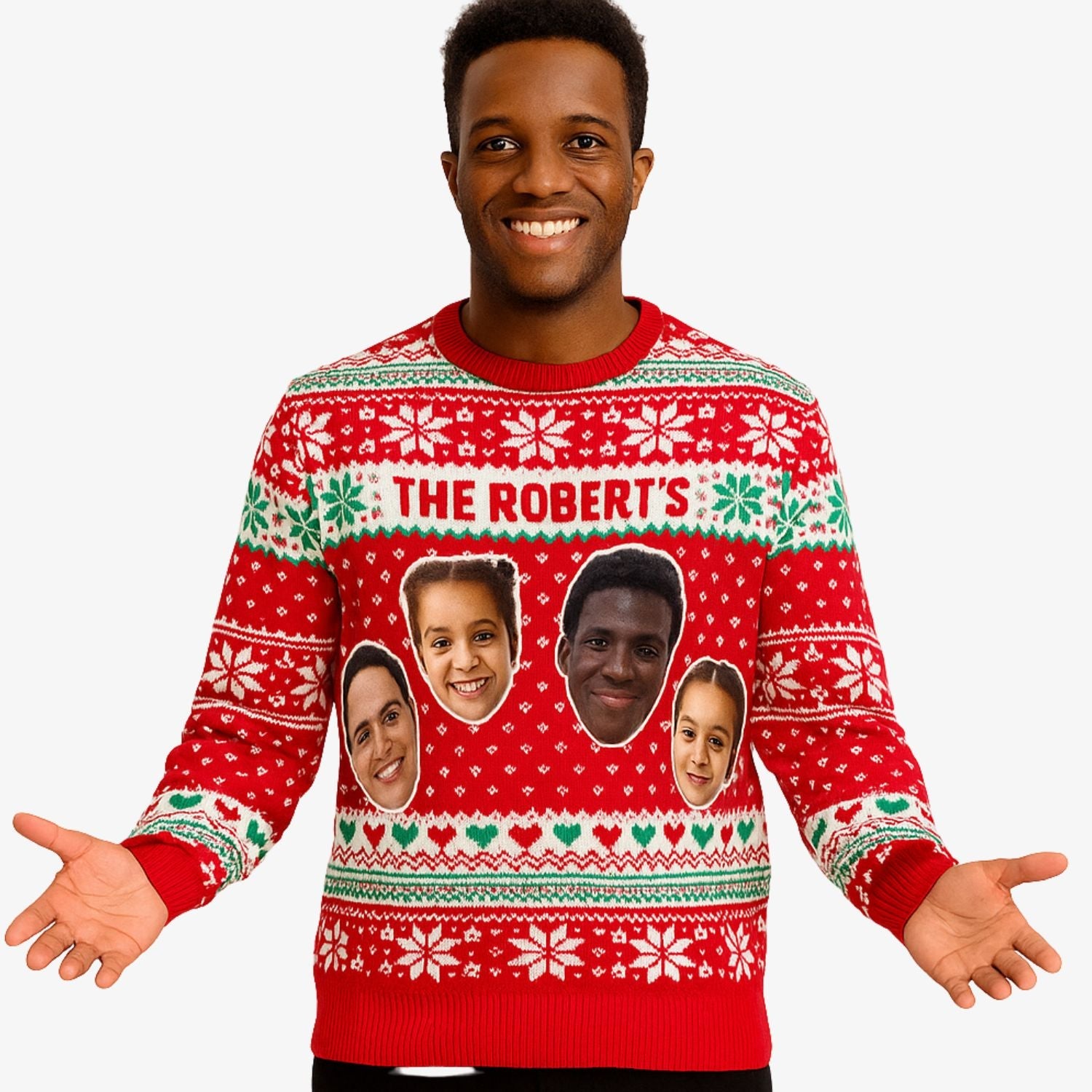 Personalised Christmas Jumper With Family Name & Up To 6 Faces