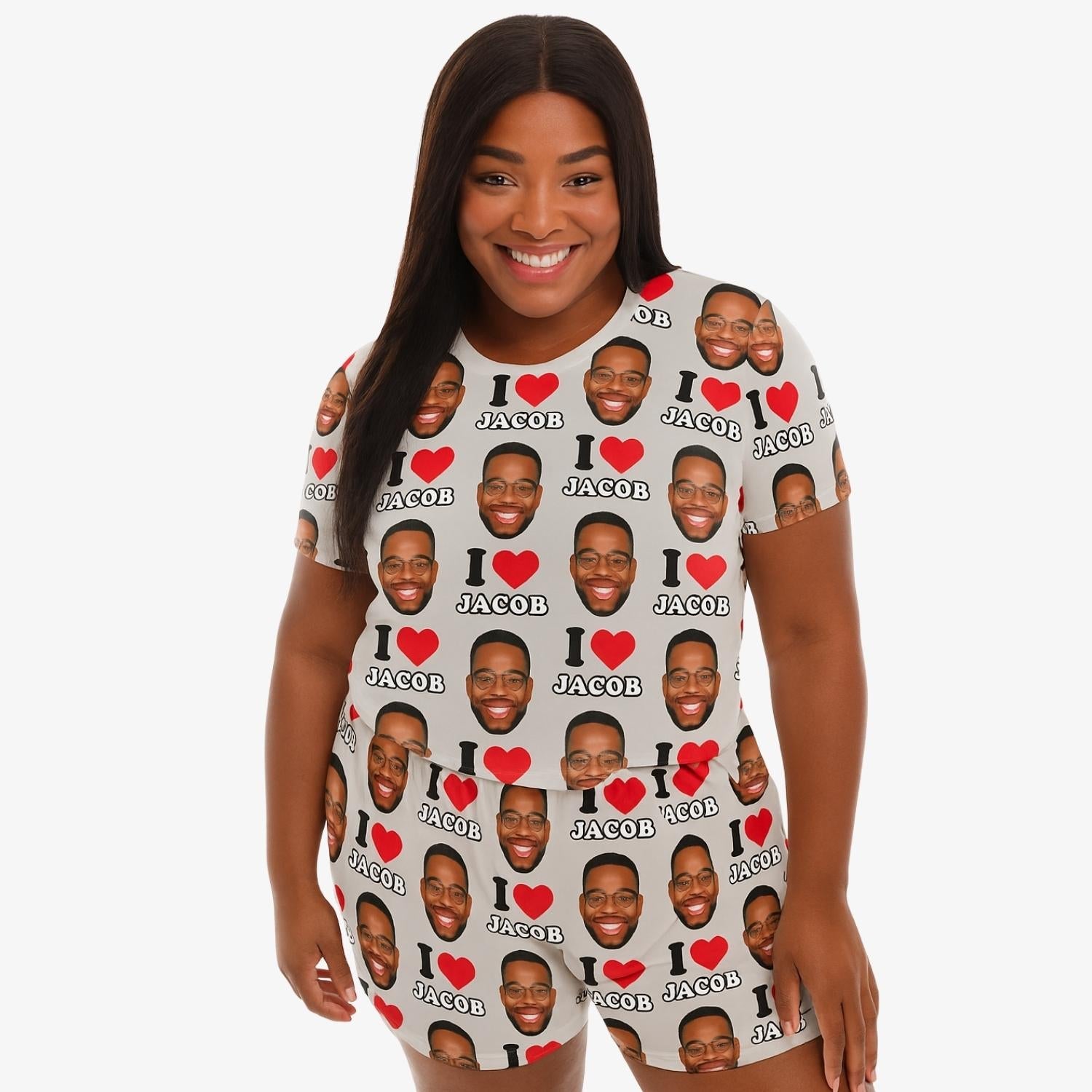 Women's I Heart Name & Face Personalised PJs Shorts Set
