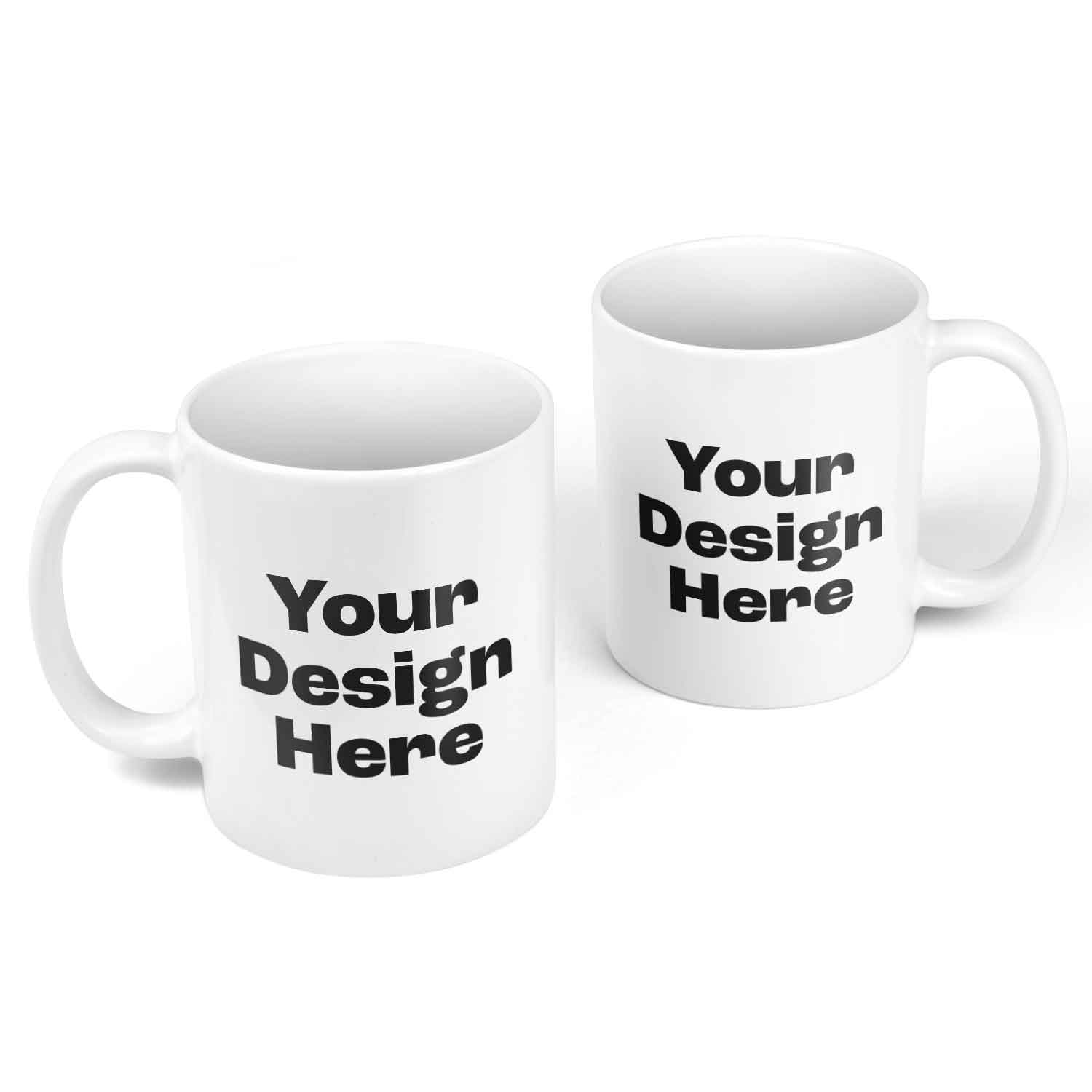 Two white mugs with 'Your Design Here' text on a white background
