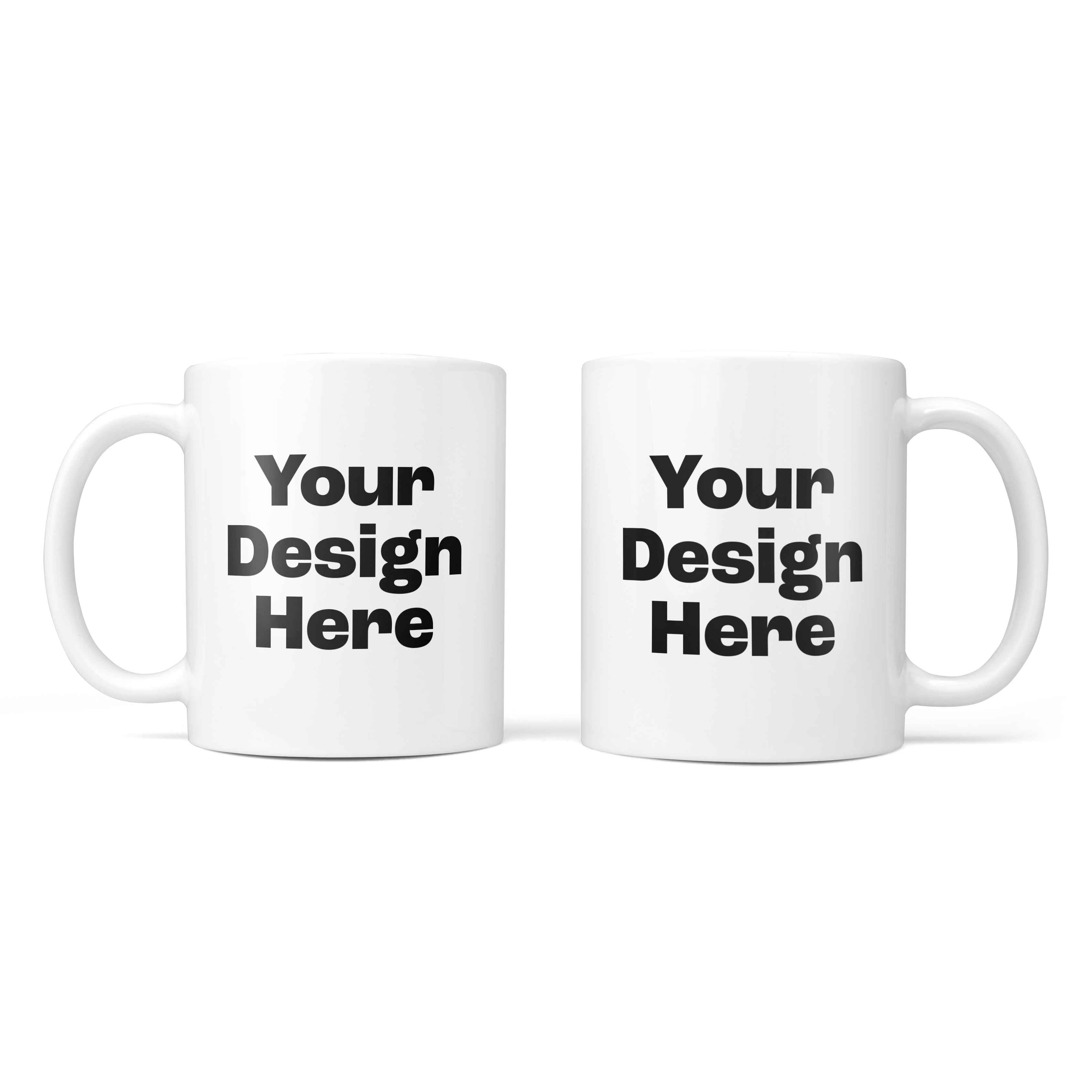 Two white mugs with 'Your Design Here' text on a white background
