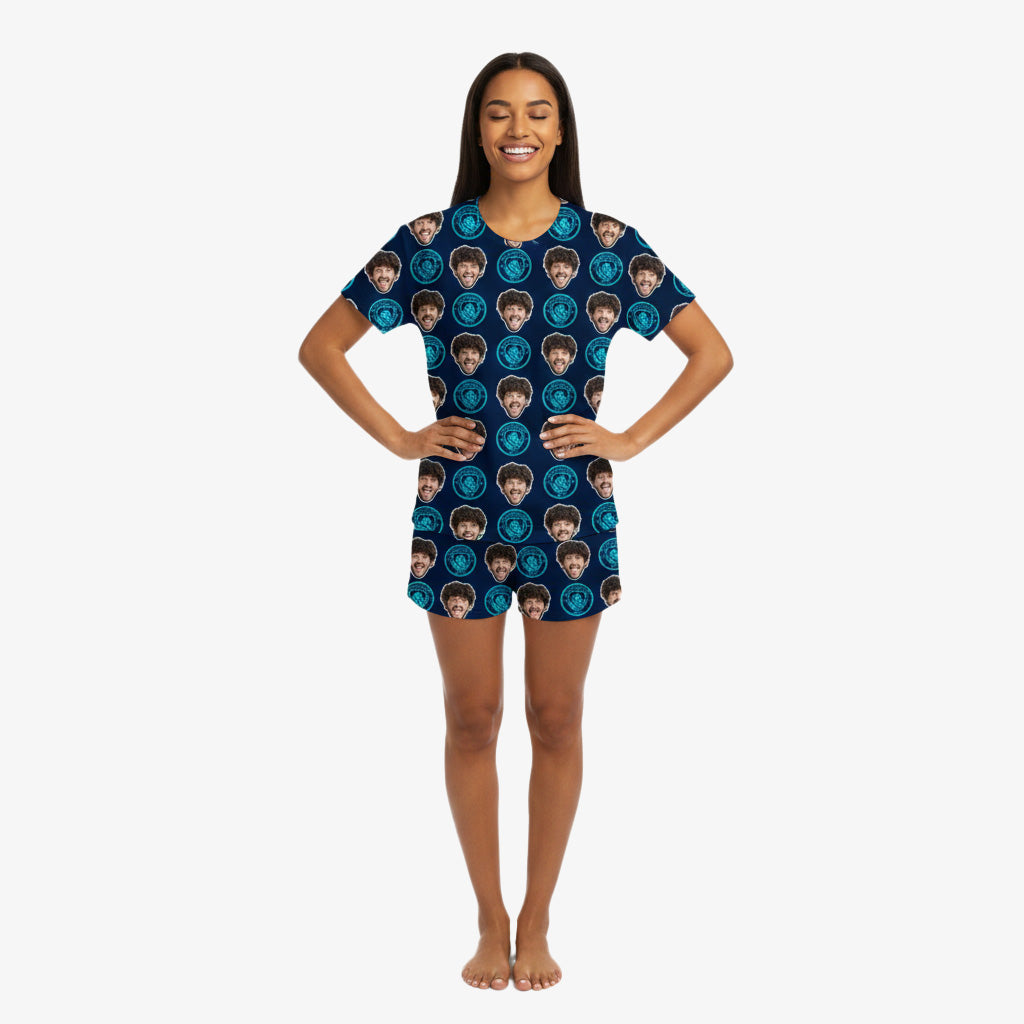 Navy Man City Women's Personalised PJs - Shorts Set