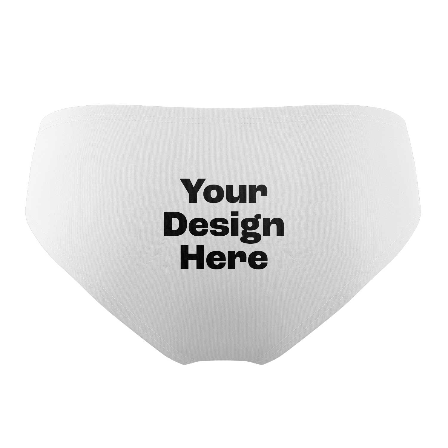 White athletic brief with customizable text on a white background