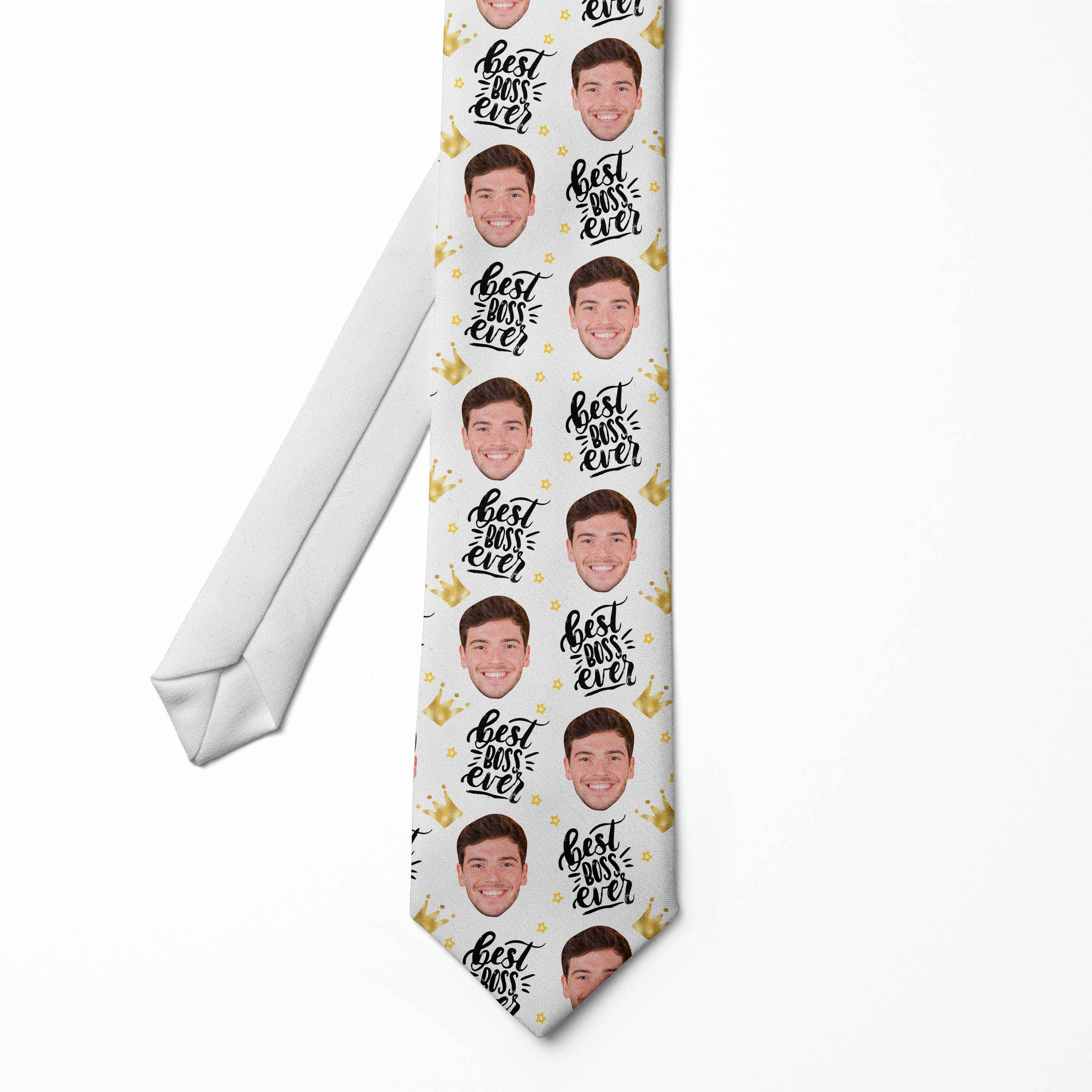 A personalized tie with multiple photos of a person printed alongside the text 'Best Boss Ever' on a white background.