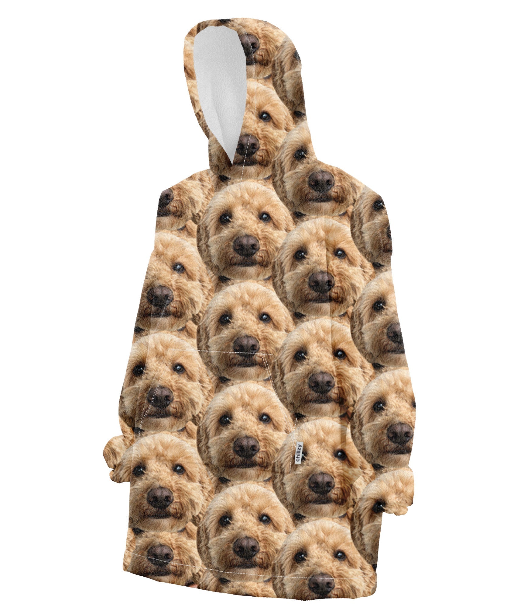 A hoodie blanket with a pattern of a dog's face repeated over and over again.
