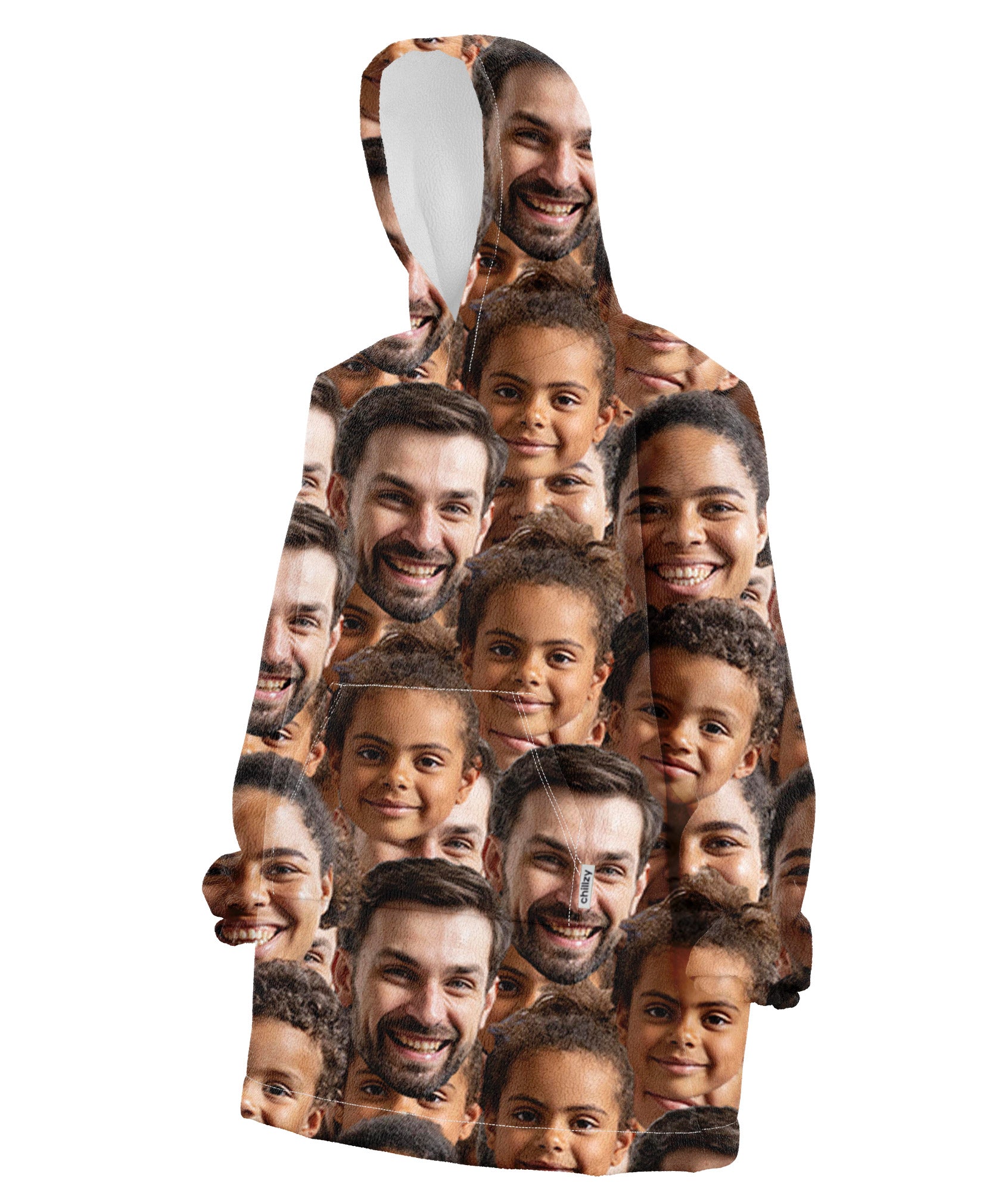 A hooded blanket with multiple faces printed over the surface, resembling a collage of different individuals.