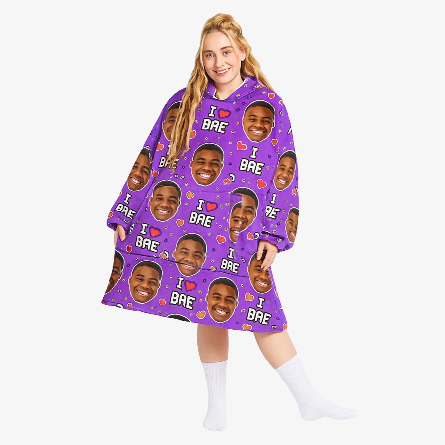 I Love Bae Personalised Face Hooded Blanket