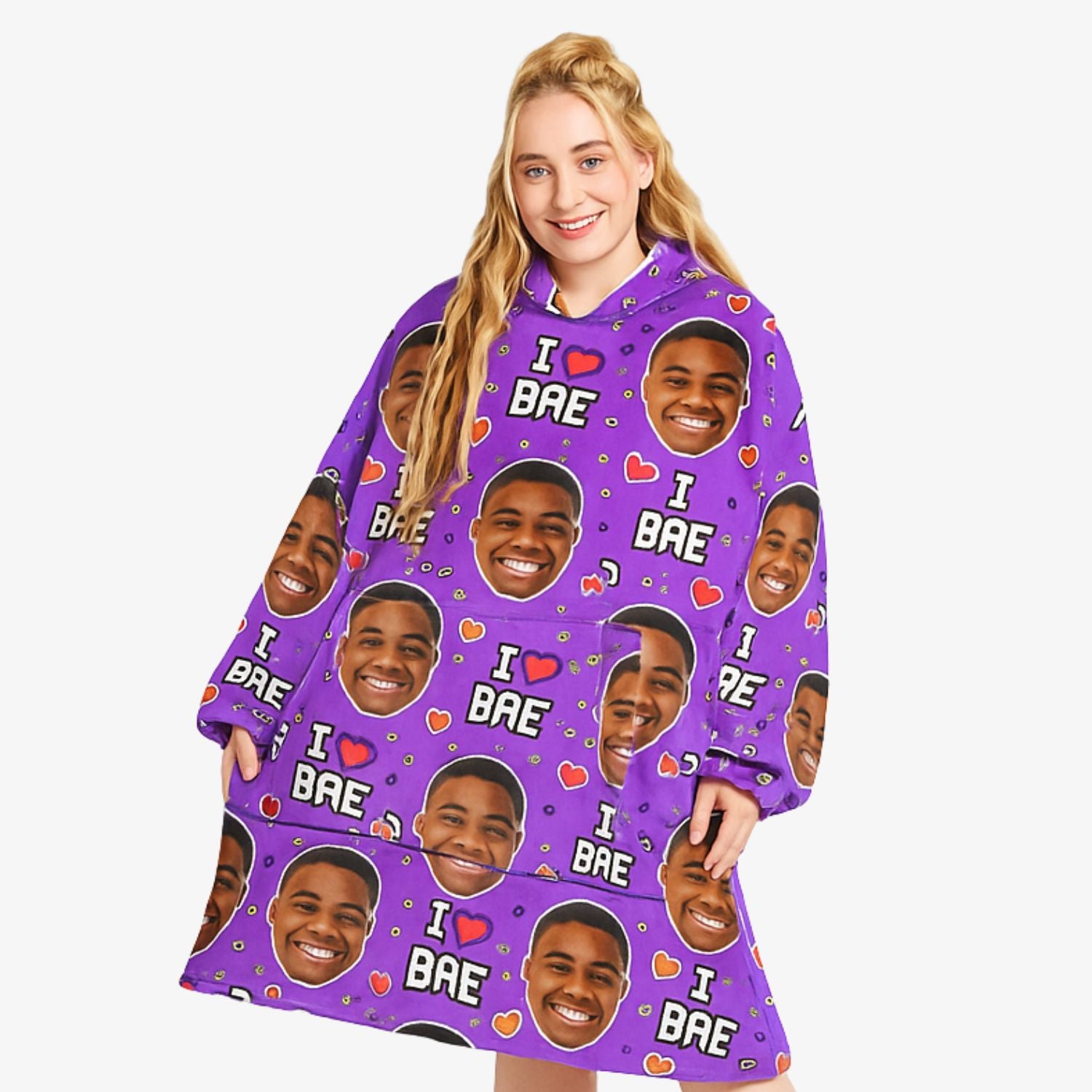 I Love Bae Personalised Face Hooded Blanket