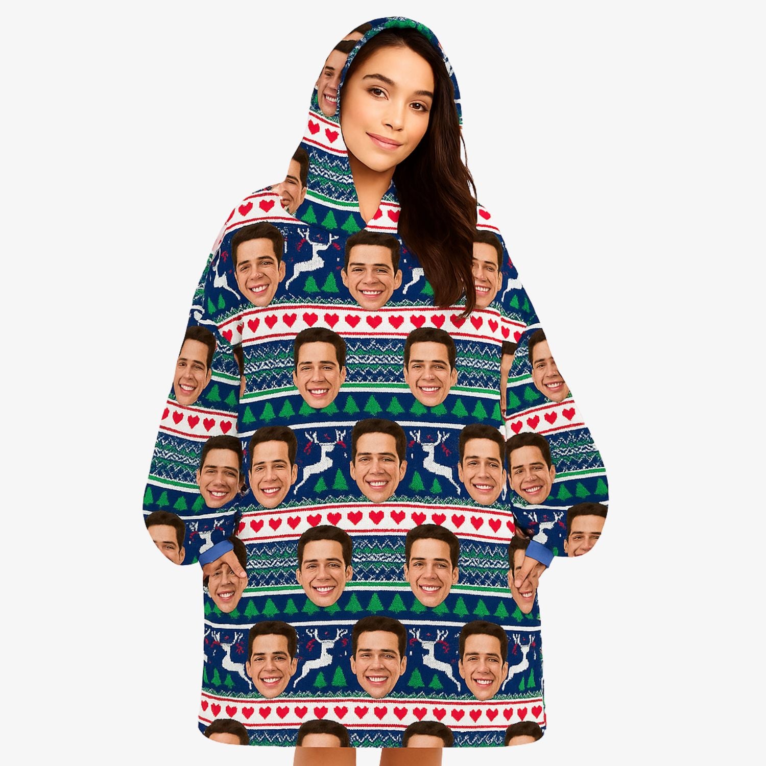 Nordic Reindeer Face Pattern Custom Hoodie Blanket