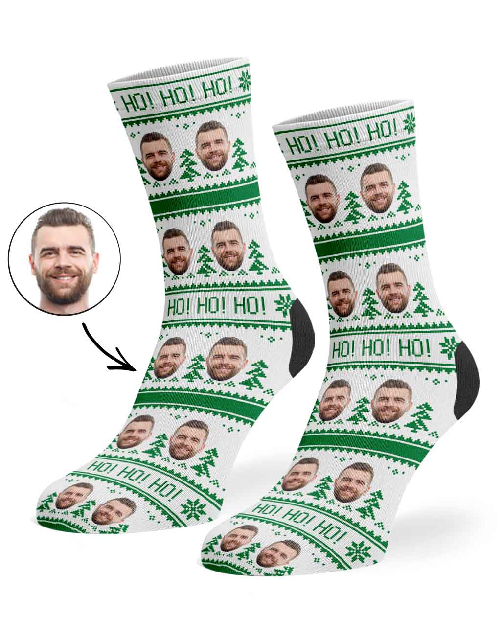 Custom Christmas socks with a face printed on a white background