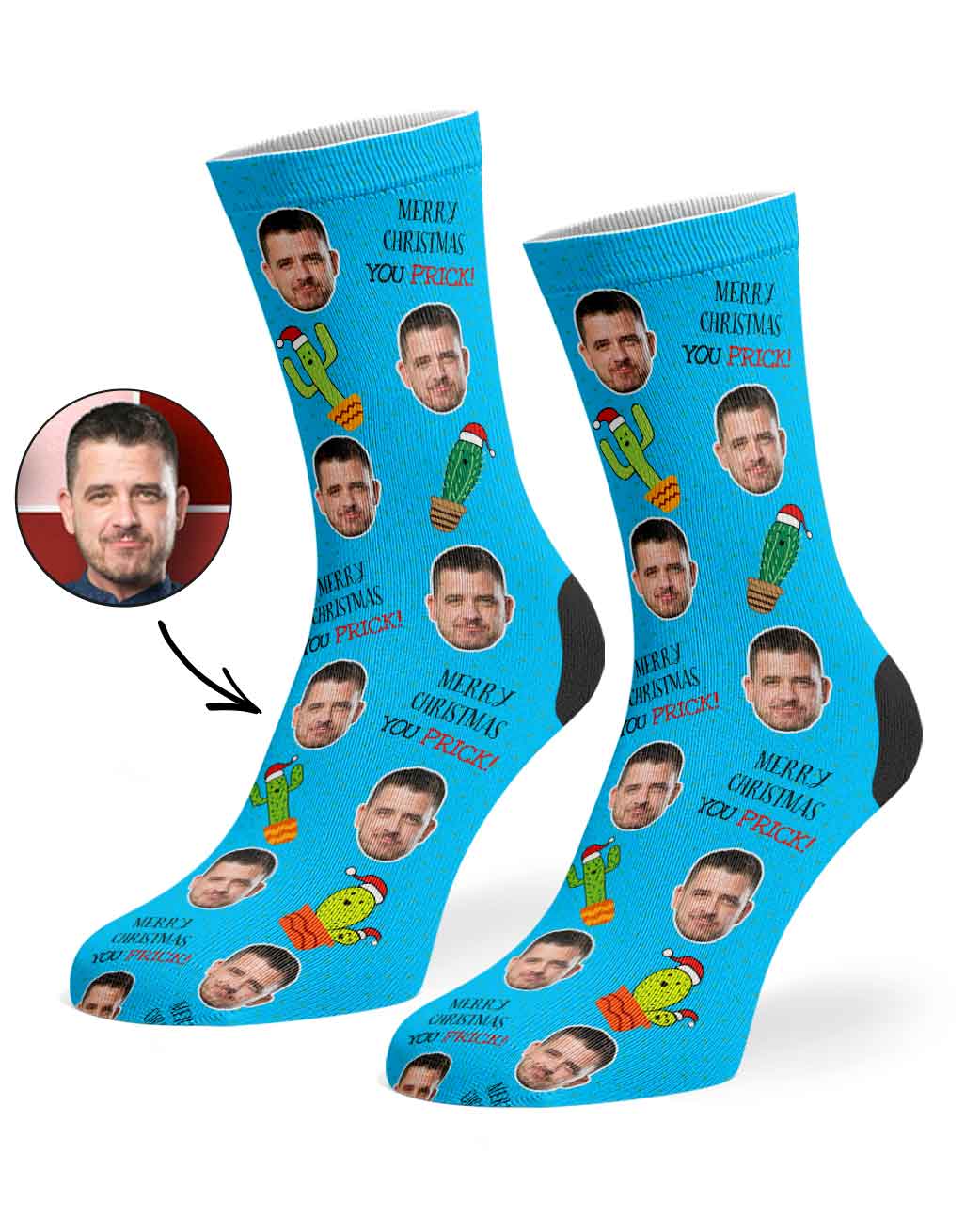 Blue socks with personalized faces and cactus design on a white background