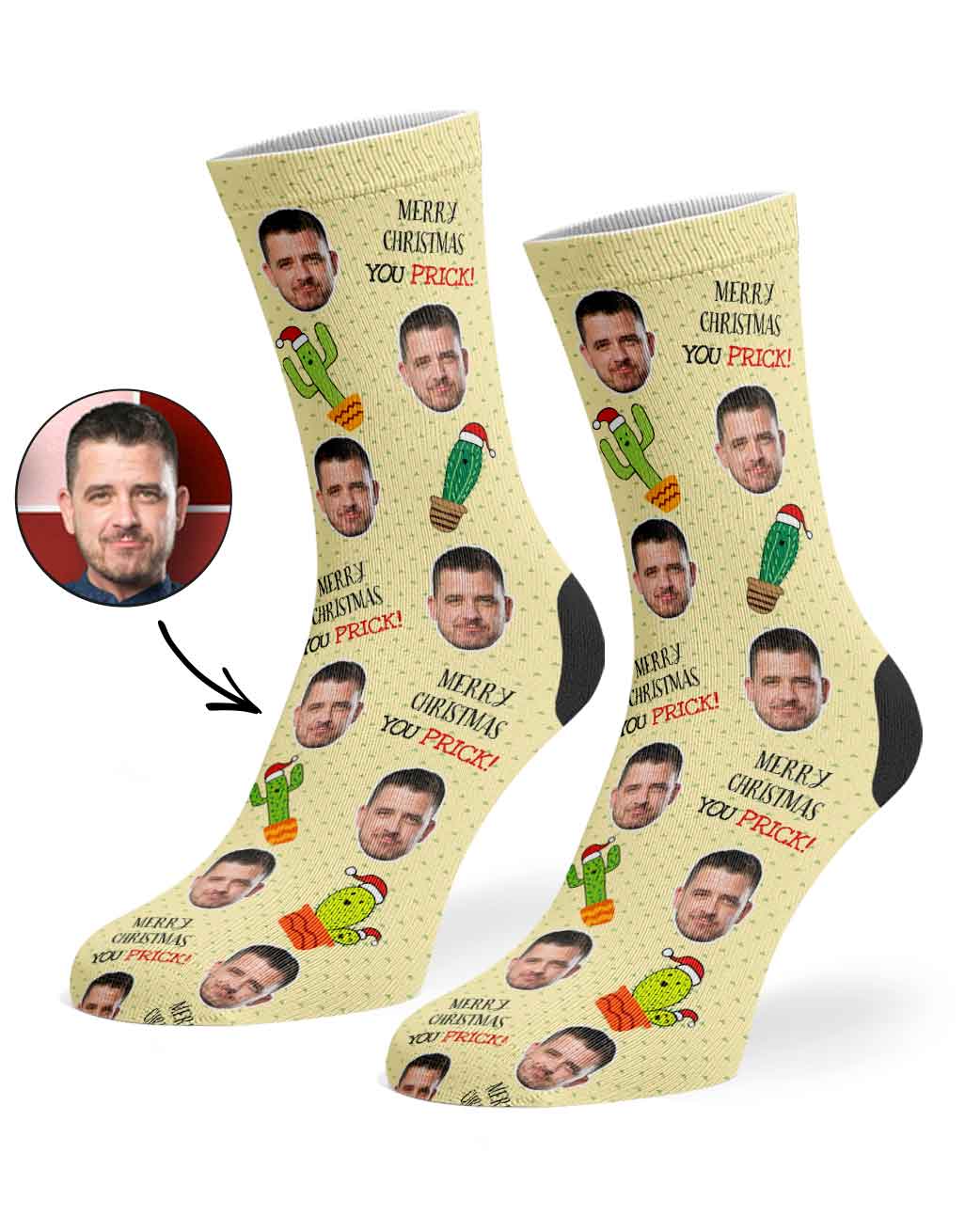 Personalized socks with a face printed design and text on a beige background