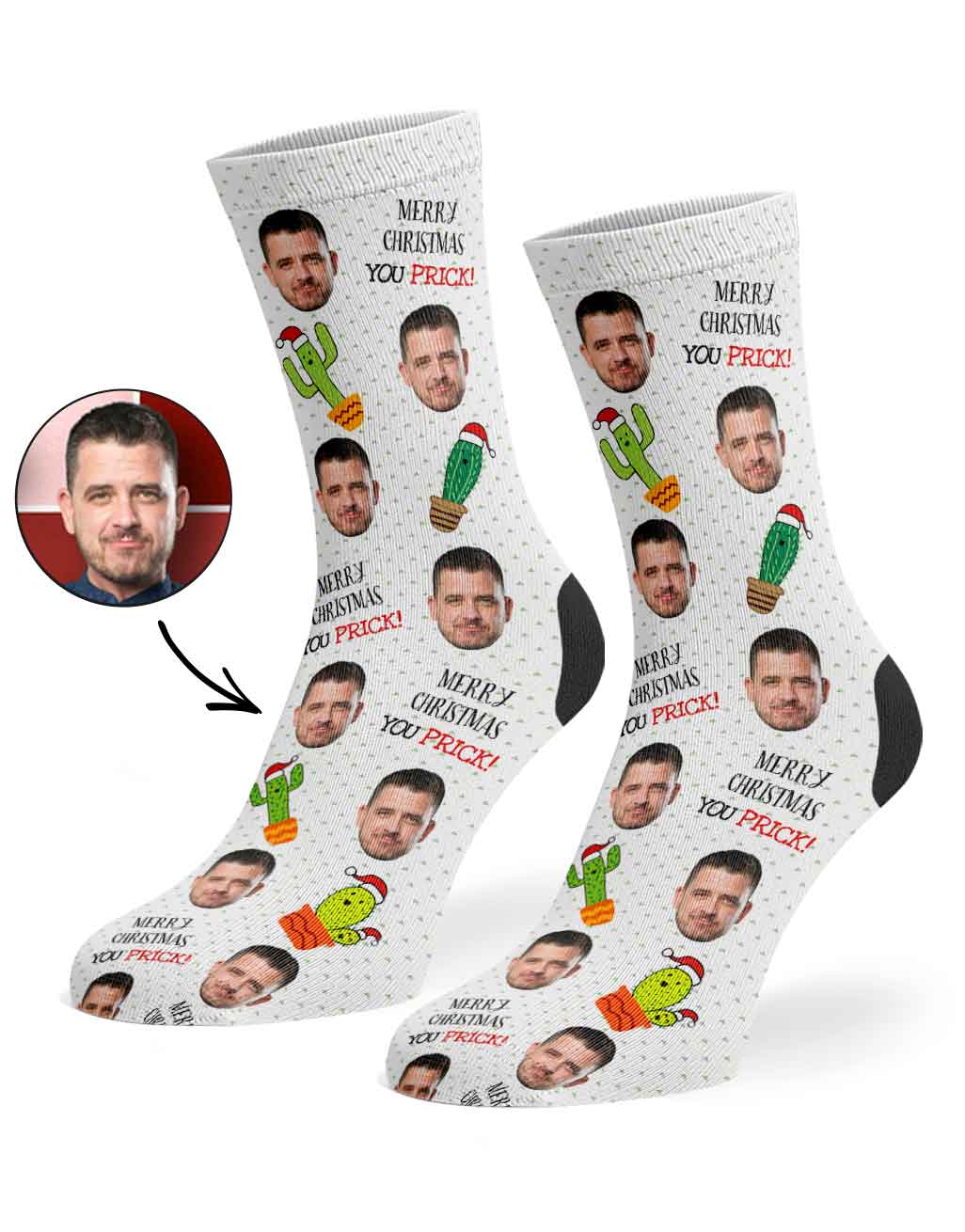 Personalized socks with a face printed design and text on a white background