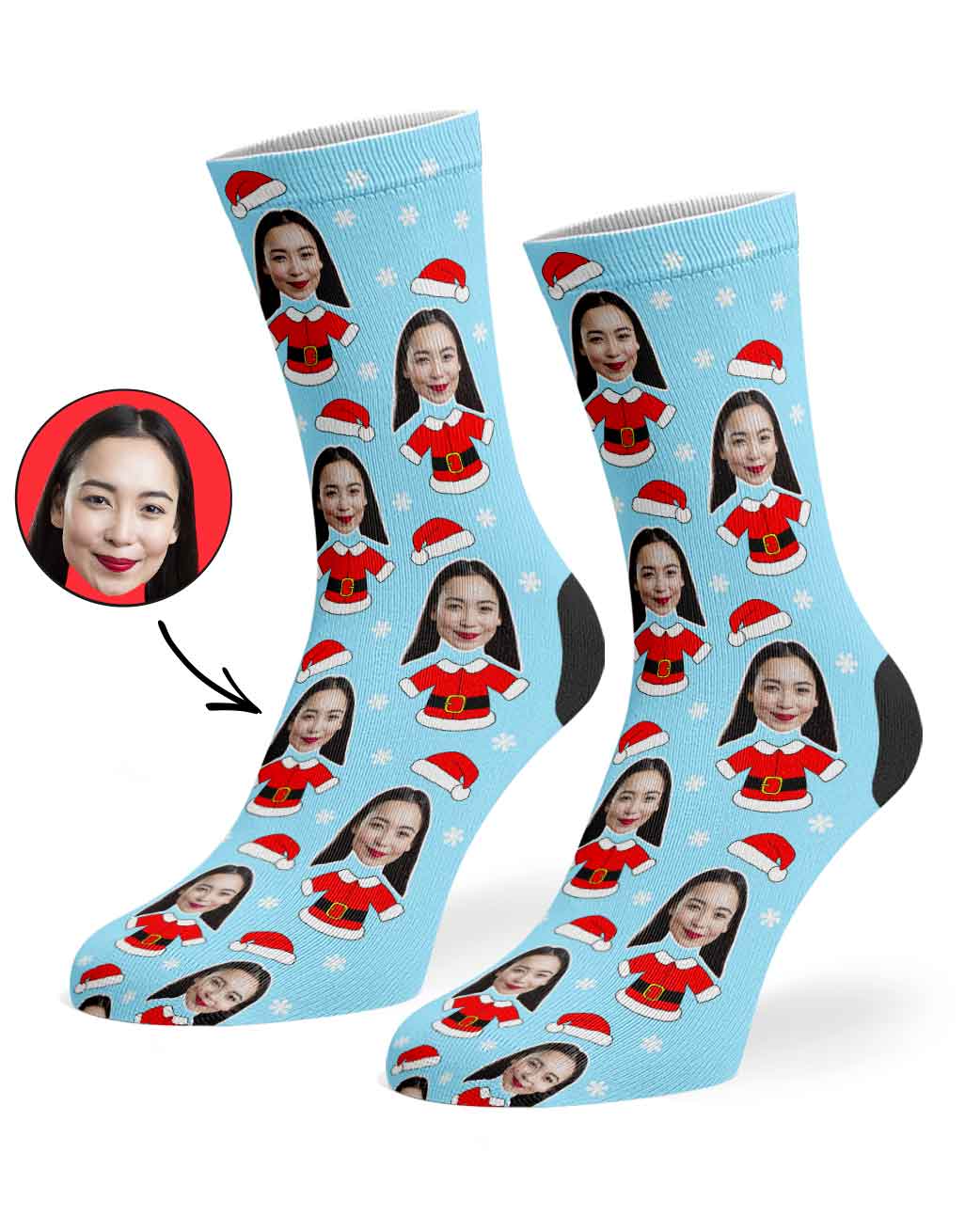Custom socks with a pattern of a person's face and Christmas-themed design on a light blue background.