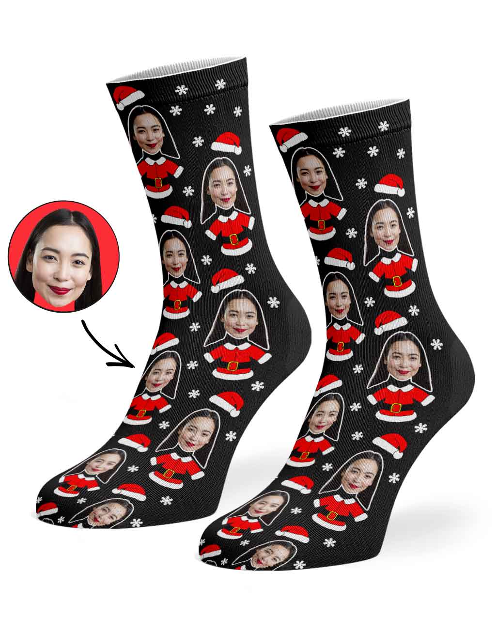 Black socks with Santa Claus pattern featuring a person's face, on a white background.