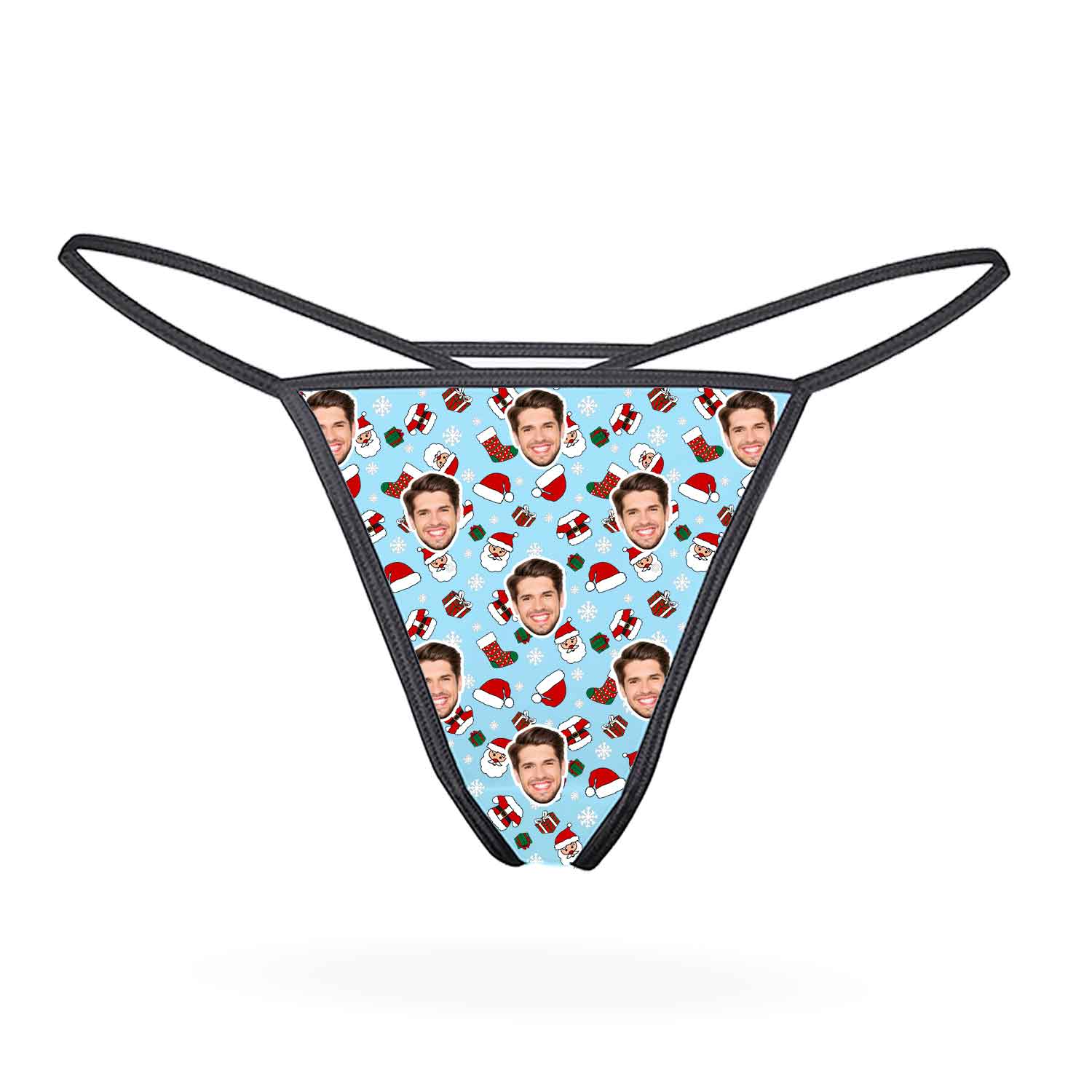 women's underwear with a pattern of a person's face and Christmas elements on a light blue background.