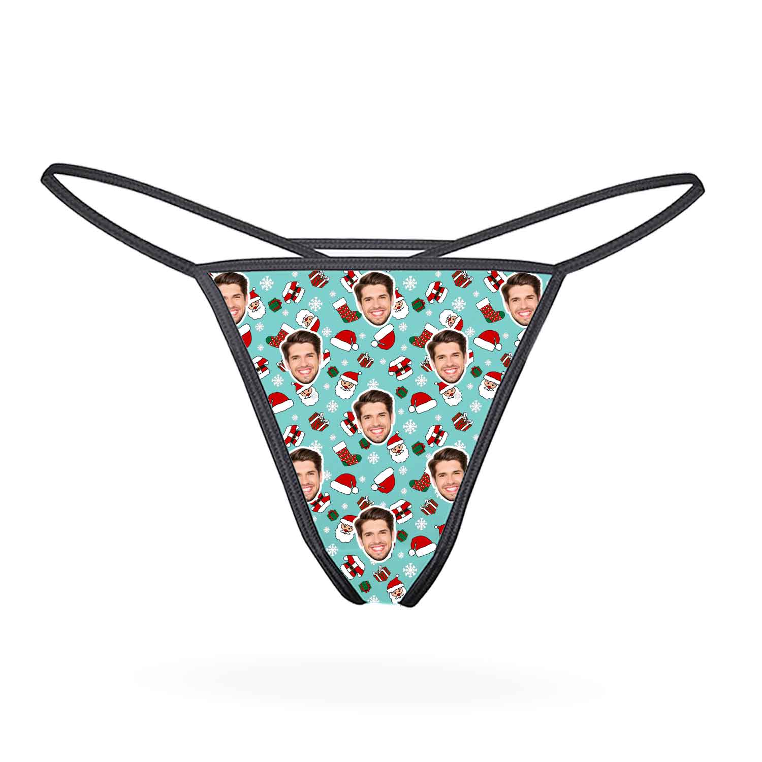 women's underwear with a pattern of faces and Christmas elements on a white background