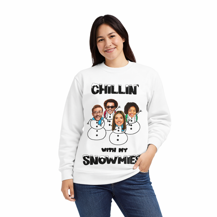 Person wearing a white sweatshirt with a graphic design and text on a white background