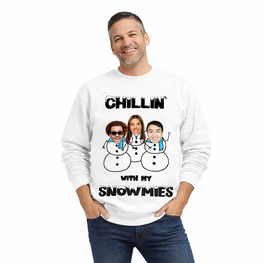 Man wearing a white sweatshirt with a graphic design and text on a white background