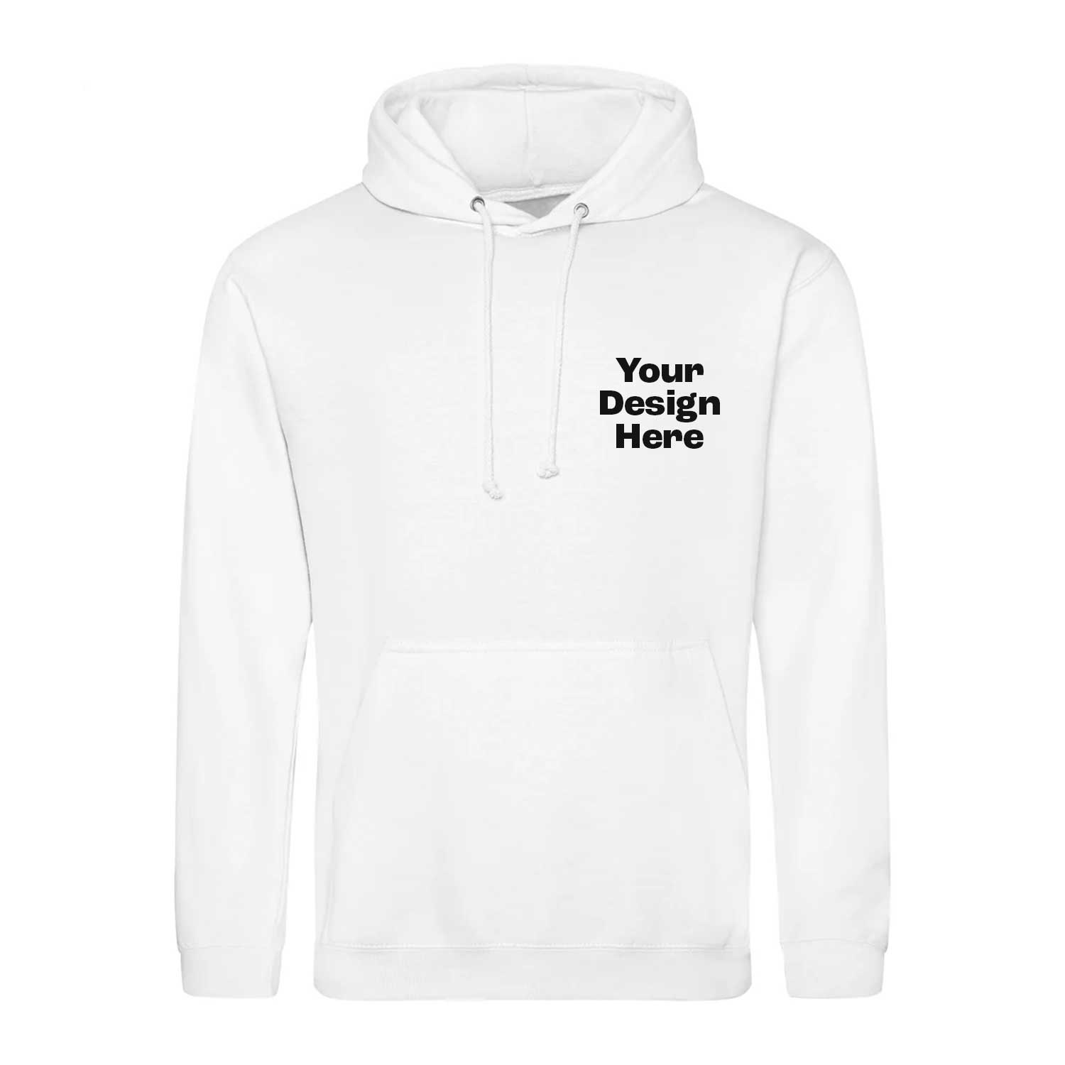 White hoodie with 'Your Design Here' text on a white background