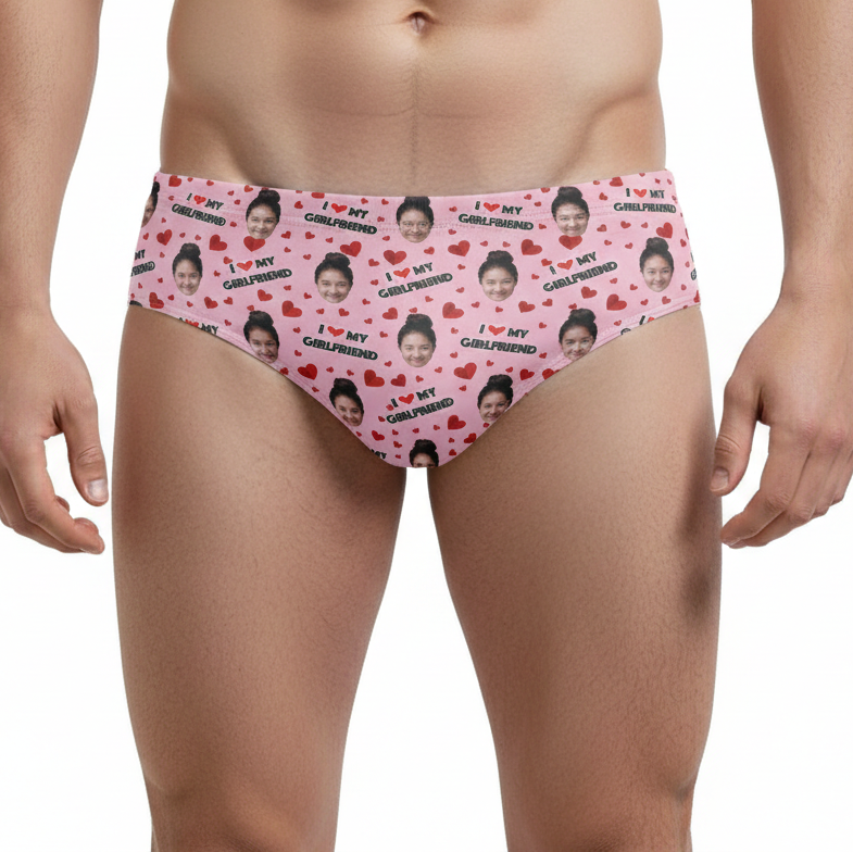 I Love My Girlfriend Personalised Face Swim Trunks