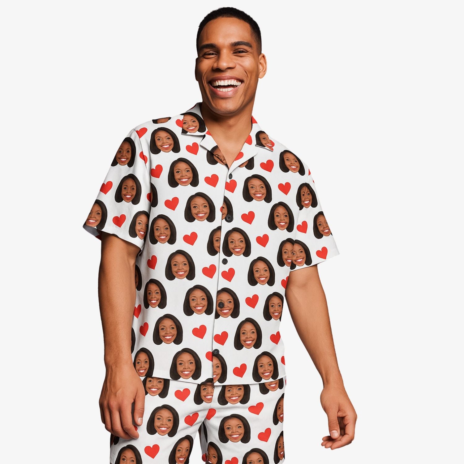 Love Hearts Personalised White Hawaiian Shirt Shorts Set