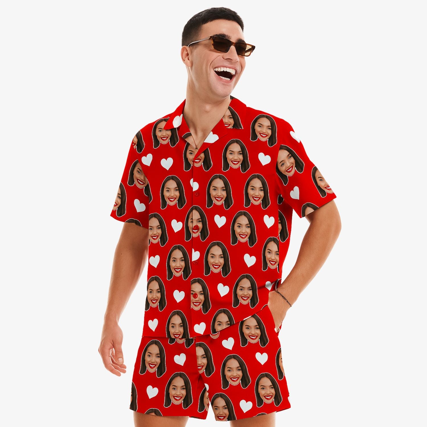 Love Hearts Personalised Red Hawaiian Shirt Shorts Set