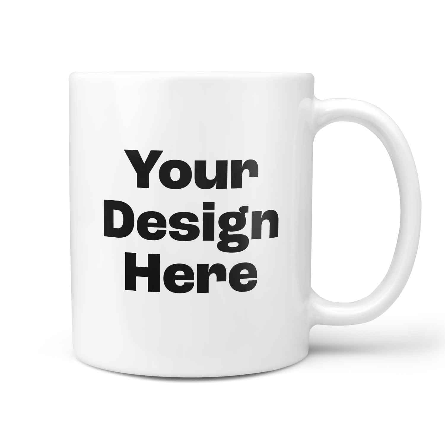 White mug with 'Your Design Here' text on a white background