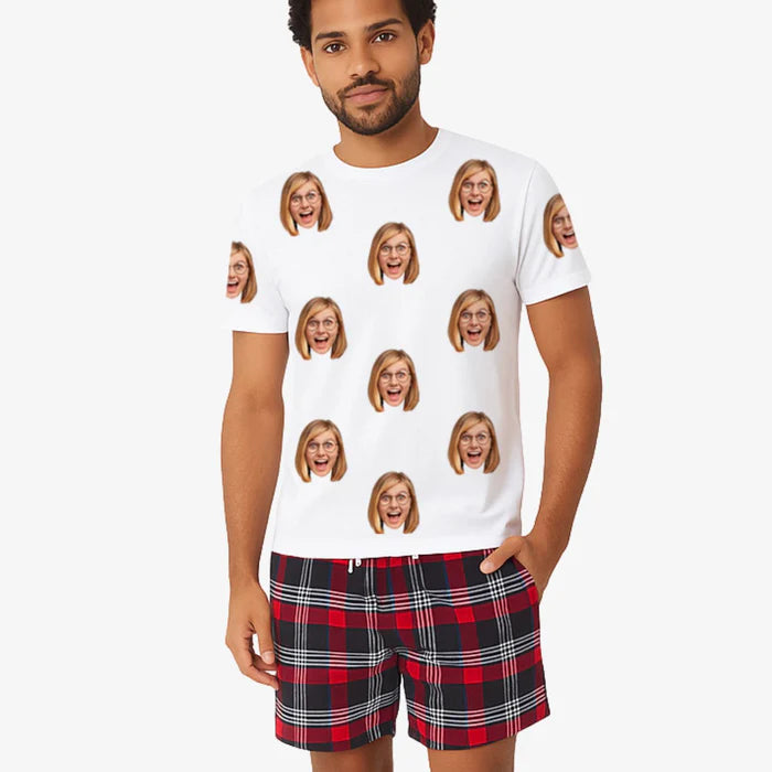 Men's Face Pyjamas - Red Tartan Shorts Set
