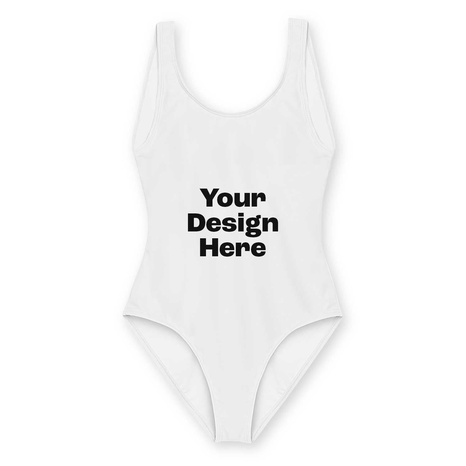 White swimsuit with 'Your Design Here' text on a white background