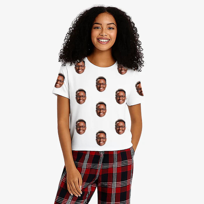 Women's Face Pyjamas - Red Tartan Trouser Set