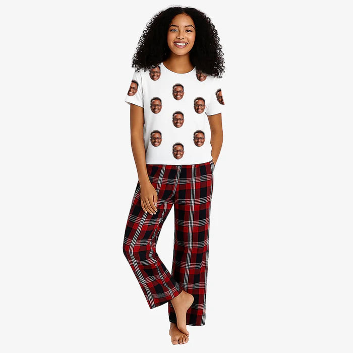 Women's Face Pyjamas - Red Tartan Trouser Set