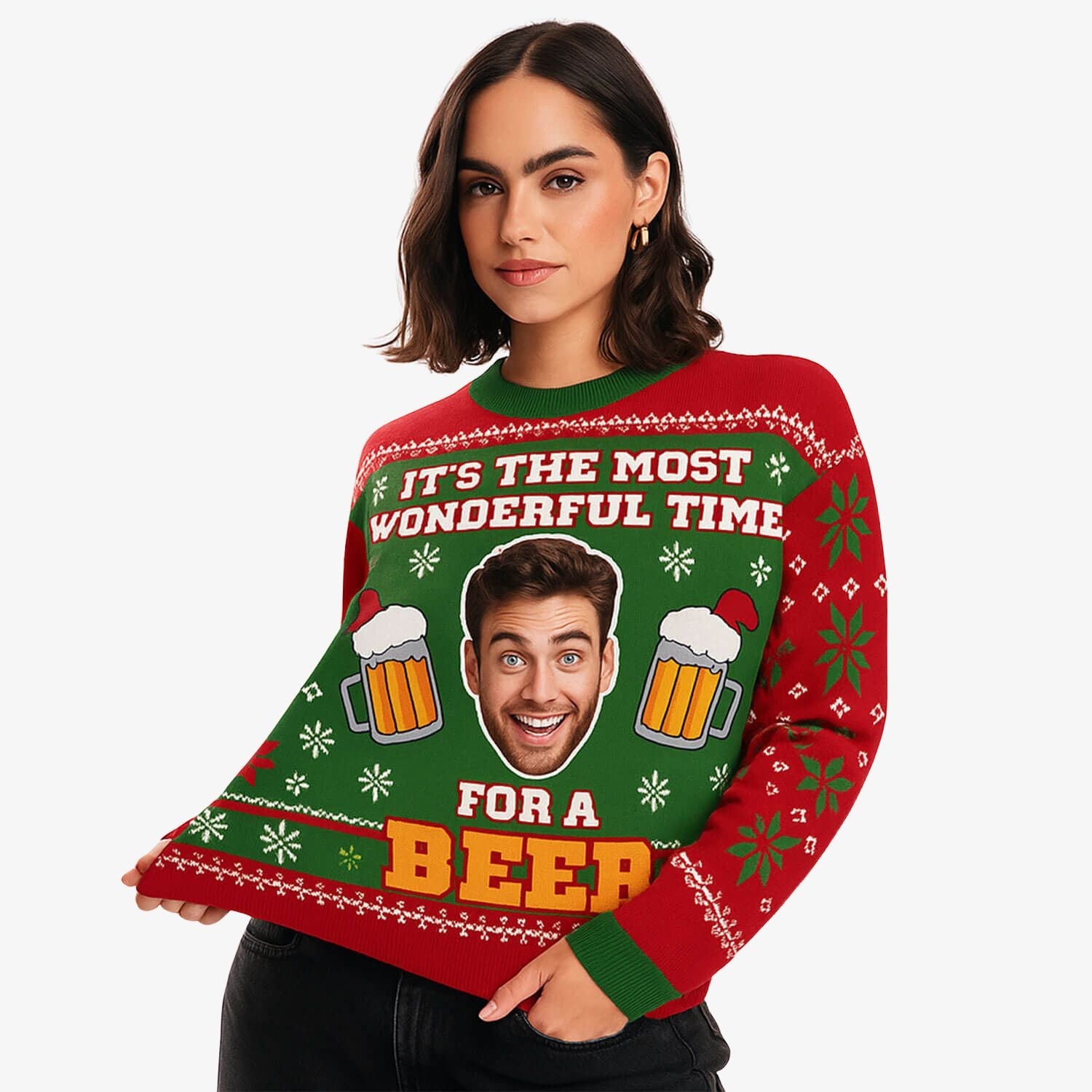 Most Wonderful Time For A Beer Face Personalised Christmas Jumper