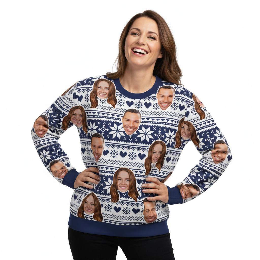 Your Face Navy Nordic Snowflakes & Hearts Personalised Christmas Jumper