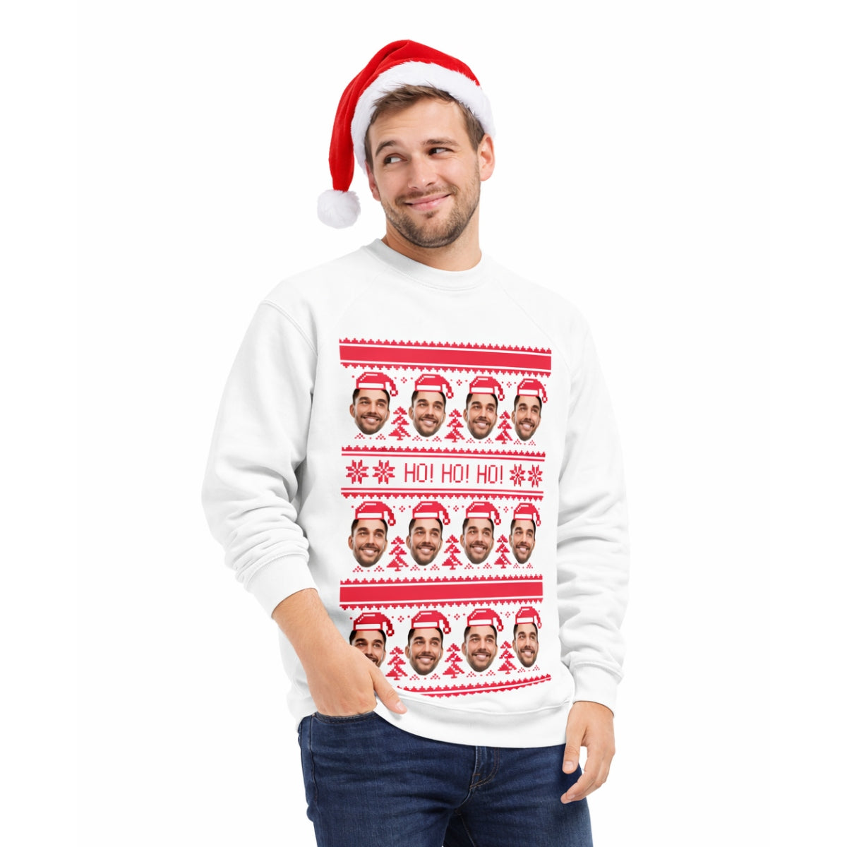 Man wearing a white sweater with red patterns and a Santa hat on a white background